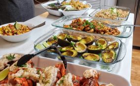 A spread of delicious food on a table.
