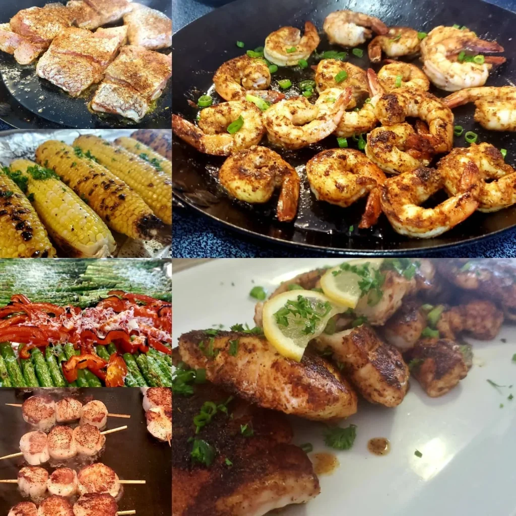 A collage of different types of food including shrimp, corn and other foods.